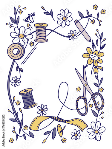 Sewing supplies illustration with flowers and sewing tools on white background  