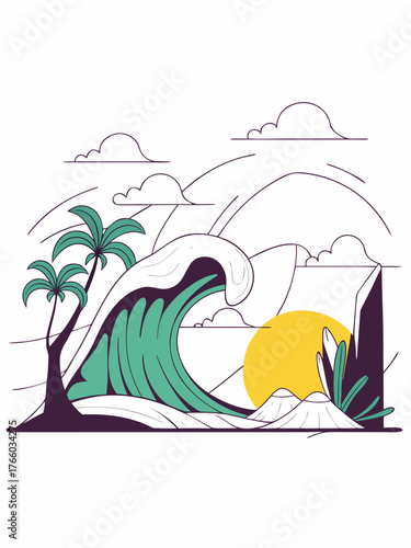 Stylized ocean wave with sun and palm trees in scenic landscape  