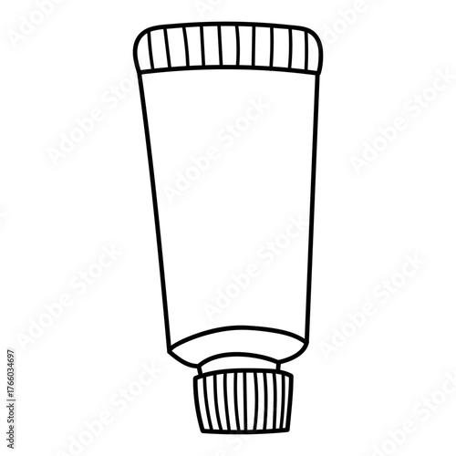 Minimalistic doodle style icon of a closed tube with a ribbed screw cap. Suitable for cosmetics, toothpaste, ointments, healthcare products or beauty packaging. Perfect for UI design, infographics or
