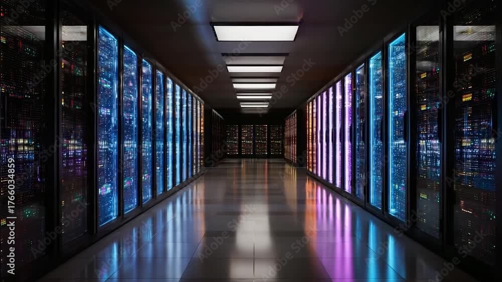 A data center corridor with illuminated server racks lining both sides ...