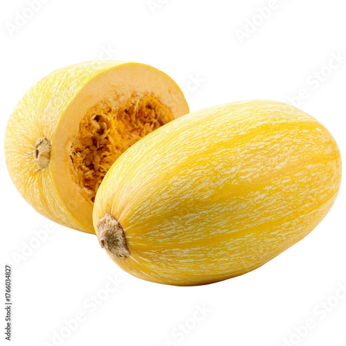 Fresh spaghetti squash whole and halved ready for delicious healthy meal preparation