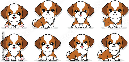 Adorable Cavalier King Charles Spaniel Puppy Vector Illustration Set Cute Dog Pet Breed Brown White Kawaii Style Cartoon Design Elements Playful Animal Mascot Graphics Collection