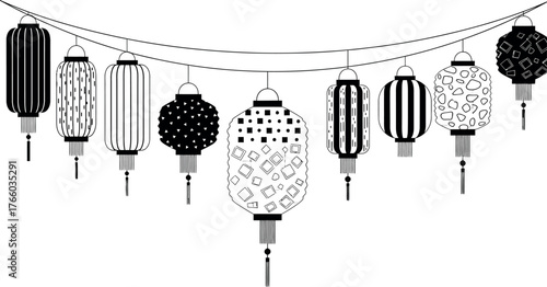 Black and white chinese lanterns vector illustration hanging party decoration design art