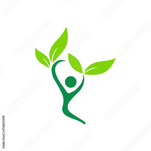 Green human figure with leaves symbolizing growth and health
