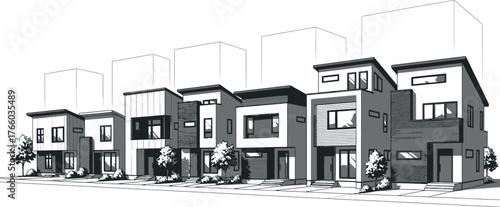 Modern townhouse sketch architectural rendering contemporary home design black white