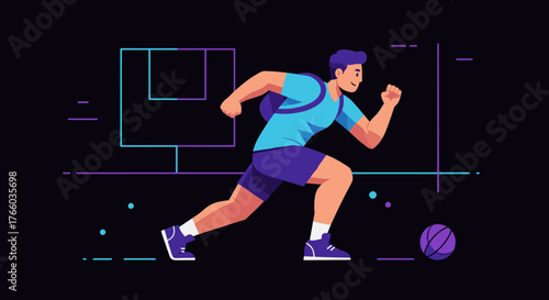 Young man running with basketball in dynamic motion against dark background  