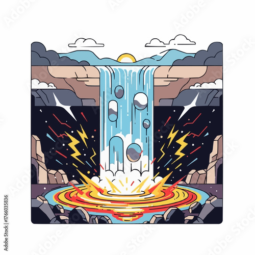 Waterfall cascading into volcanic lava with lightning strikes and rocks, Power saving concept 