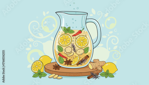 Refreshing ginger lemon detox water in a glass pitcher, garnished with mint leaves, chili peppers, star anise, cinnamon sticks, and rosemary sprigs, surrounded by whole and sliced lemons, ginger
