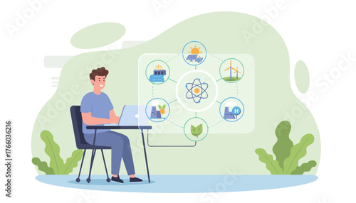 A young man is working on a laptop, surrounded by a digital interface showcasing various renewable energy sources like solar panels, wind turbines, hydroelectric power, and geothermal energy
