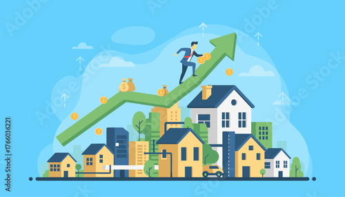 Vibrant illustration depicting rising house prices and the concept of real estate growth, with a businessman climbing a green upward arrow graph adorned with coins and money bags, set against a