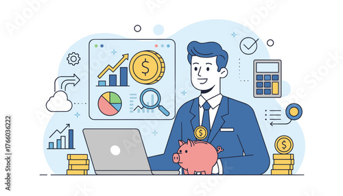 Vibrant flat illustration of a businessman analyzing financial data on a laptop, surrounded by charts, graphs, coins, a piggy bank, and a calculator, representing revenue management and investment