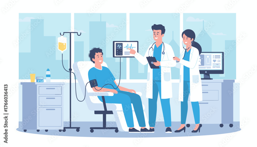 Obraz premium Modern flat vector illustration depicting a patient in a hospital bed receiving medical care from two doctors, with vital signs monitor, IV drip, and medical equipment, showcasing healthcare and