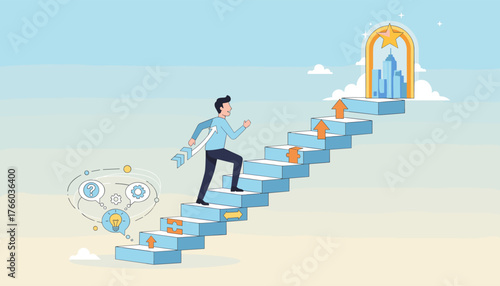 Vibrant vector illustration depicting a determined man ascending a stylized staircase towards a golden archway framing a modern cityscape and a shining star, symbolizing ambition, success, and career