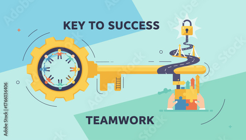 Creative vector illustration symbolizing the key to success and teamwork, featuring a large golden key with a gear-shaped head where diverse people hold hands in a circle, leading to a winding road
