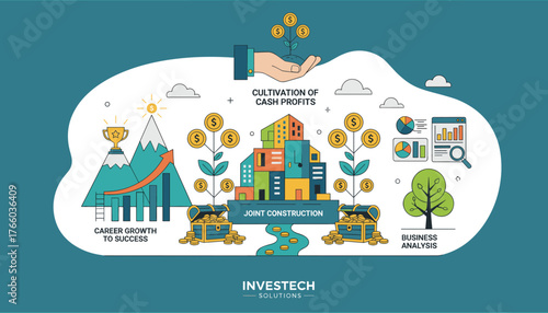 Vibrant vector illustration depicting key aspects of investment management and business growth, including career advancement to success, cultivation of cash profits, joint construction projects, and