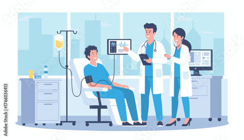 Modern flat vector illustration depicting a patient in a hospital bed receiving medical care from two doctors, with vital signs monitor, IV drip, and medical equipment, showcasing healthcare and