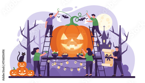 Vibrant vector illustration capturing the essence of Halloween celebration preparations, featuring a giant glowing jack-o'-lantern, people decorating with ghost and bat ornaments, pumpkins, a black