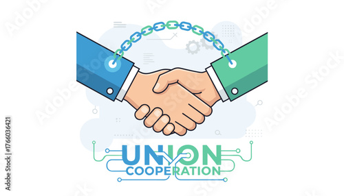 Vivid vector illustration of a handshake symbolizing union and cooperation, with a chain link connecting the two hands, representing partnership and agreement in a business or technology context, set
