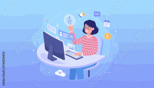Vibrant vector illustration of a young woman, an online assistant, working at her computer, interacting with digital interfaces, icons for shopping cart, calendar, money, and communication