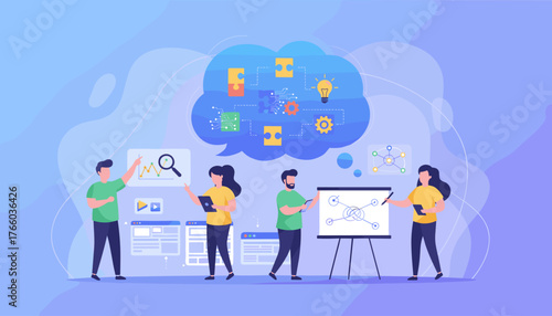 Vibrant vector illustration depicting a diverse team collaborating on a project, brainstorming ideas, and analyzing data with digital tools and visual aids, symbolizing effective communication and