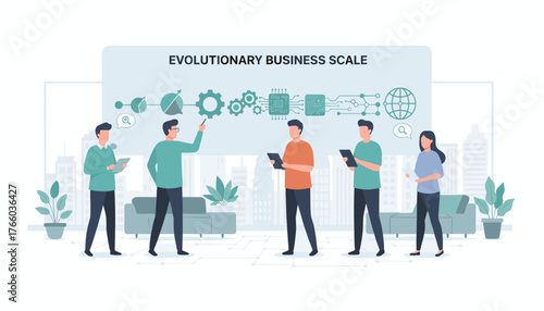 Vivid vector illustration depicting a diverse team of business office workers collaborating and discussing an evolutionary business scale concept, featuring charts, gears, and a global network