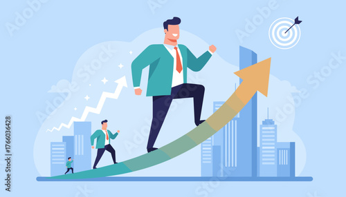 Vibrant vector illustration depicting a large businessman ascending an upward trending arrow graph, symbolizing growth and success, with smaller figures following, set against a cityscape and target