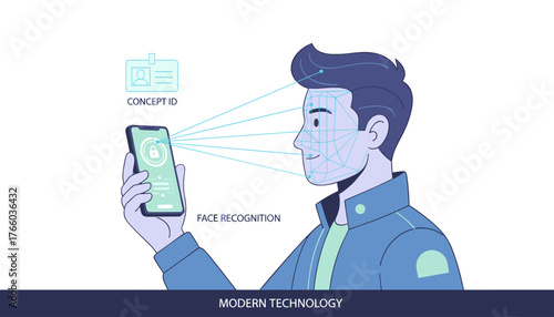 Modern technology concept illustration showing face recognition technology scanning a person's face with a smartphone, biometric identification, and digital ID card, on a clean white background.