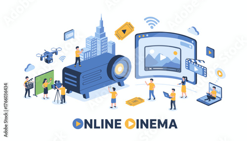 Vivid isometric vector illustration depicting the concept of online cinema and movie streaming, featuring a large projector, a cityscape, a drone, filming equipment, digital screens displaying