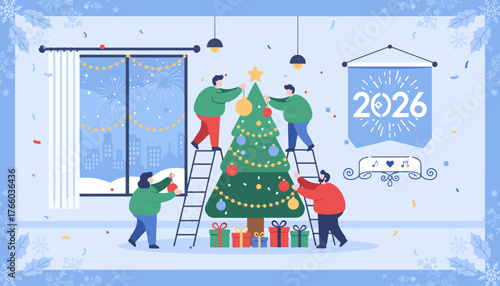 Festive vector illustration depicting a group of people enthusiastically decorating a Christmas tree in a cozy room, with a cityscape and fireworks visible through the window, celebrating the
