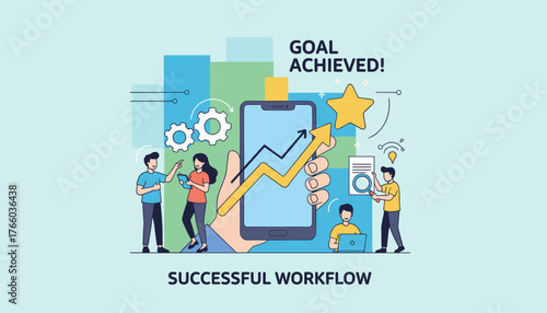 Vibrant vector illustration depicting a successful workflow and goal achievement, featuring a hand holding a smartphone with a rising graph, a golden star, gears, and diverse people collaborating