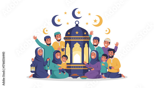 Vibrant vector illustration depicting a joyful Muslim family celebrating a festive occasion, possibly Ramadan or Eid, gathered around a decorative lantern with crescent moons and stars adorning the