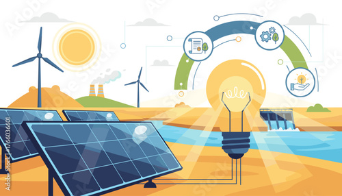 Vibrant illustration showcasing diverse renewable energy sources including solar panels, wind turbines, and a hydroelectric dam, symbolizing a sustainable future and environmental responsibility with