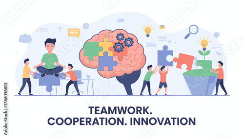 Business concept metaphor for teamwork, cooperation, and innovation, illustrating people connecting puzzle pieces to build a brain and a growing plant, symbolizing collective effort and creative