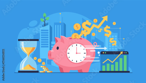 Vivid illustration of financial growth and time management, featuring a piggy bank with a clock face, an hourglass, falling coins, and a rising stock market graph, symbolizing saving time and money