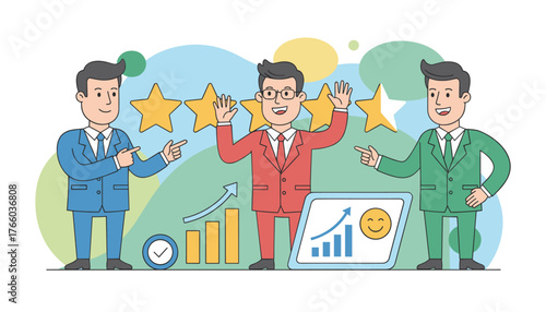 Three businessmen in suits, one in red, one in blue, and one in green, are celebrating success and positive customer feedback, indicated by golden stars and a graph showing upward trends on a laptop