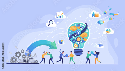Vibrant illustration depicting the dynamic process of business innovation and idea generation, featuring a giant lightbulb filled with brains and gears, symbolizing creativity and problem-solving