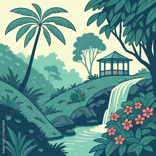 A serene tropical garden scene with a cascading waterfall lush greenery a palm tree and a gazebo on a hill under a pale sky tropical landscape with palm trees and flowers