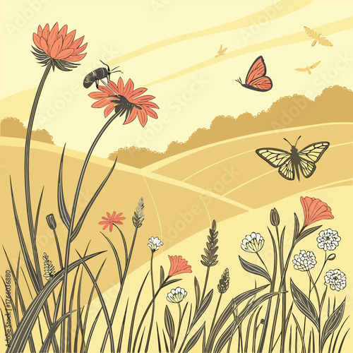 A serene summer meadow scene with blooming wildflowers fluttering butterflies a bee collecting nectar and distant rolling hills under a warm sky floral background with butterflies and flowers