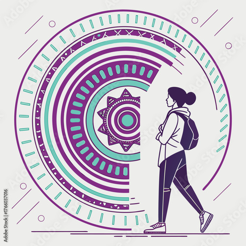 Young woman with backpack walks towards a futuristic circular portal with geometric patterns and vibrant colors