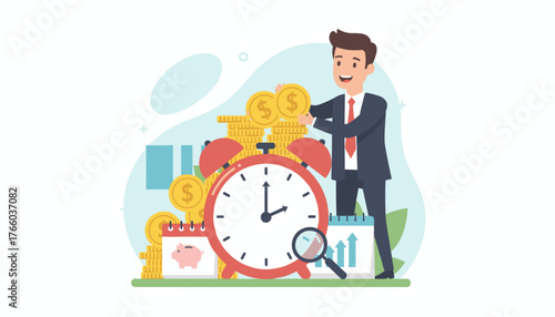 Man in suit holding coins, symbolizing long-term investment and savings, with a clock, piggy bank, calendar, and magnifying glass representing financial planning and tax time, against a light blue