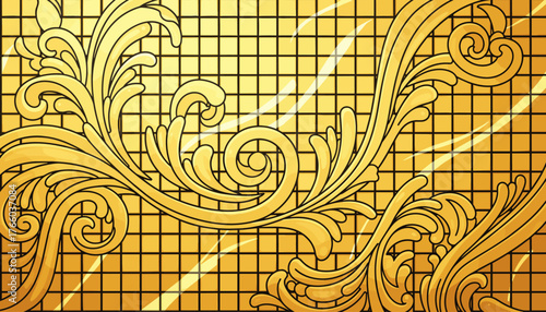 Luxurious golden mosaic glass background with ornate baroque swirls and floral elements, creating an opulent and elegant decorative pattern with a shimmering, reflective surface and a grid texture
