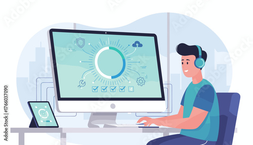 Modern flat illustration of a young man wearing headphones, working on a computer and installing software updates, with a tablet device nearby, symbolizing technology and productivity in a
