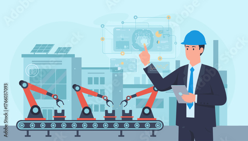 Manager or engineer in a blue hard hat interacting with a futuristic Industry 4.0 network interface, overseeing robotic arms on a conveyor belt in a modern factory with solar panels, symbolizing