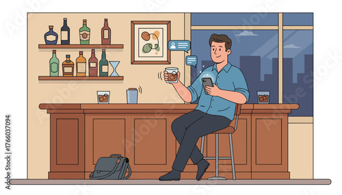 A man in a blue shirt sits at a bar, holding a glass of bourbon whiskey and his smartphone, with chat bubbles indicating communication, while a briefcase rests on the floor, suggesting a moment of