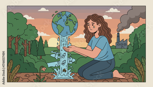 A distressed woman cries as she cradles the Earth, which is pouring polluted water and plastic waste into her hands, symbolizing environmental crisis and ecological disaster amidst a backdrop of