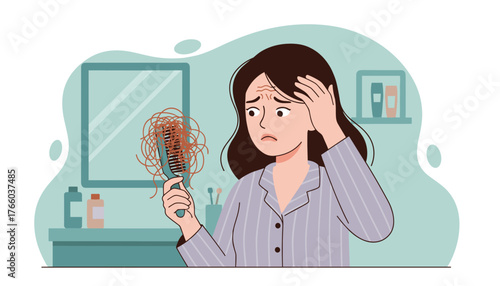 Worried woman in pajamas discovers significant hair loss on her hairbrush, looking distressed in the bathroom mirror, symbolizing health concerns and beauty worries.