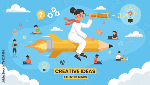 Vibrant illustration of a woman designer riding a pencil rocket, holding a telescope to search for creative ideas, surrounded by people working on laptops and lightbulbs, symbolizing innovation and