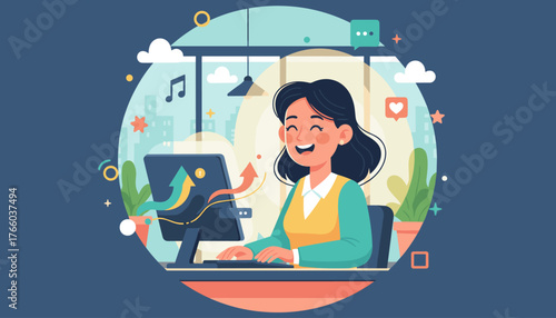 Vibrant illustration of a happy woman working at her computer, symbolizing job satisfaction and passion, with growth arrows and social media icons indicating success and engagement in a modern office