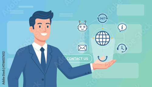 Modern flat illustration of a smiling businessman in a blue suit presenting a digital customer service and support solution, featuring icons for 24/7 availability, chatbot, email, information, and