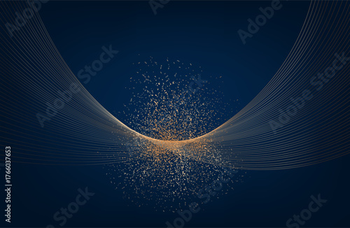 Gold abstract waves background. Golden curve lines vector illustration isolated on blue Luxury glitter shiny swirl pattern. Elegant modern fashion design element. dots